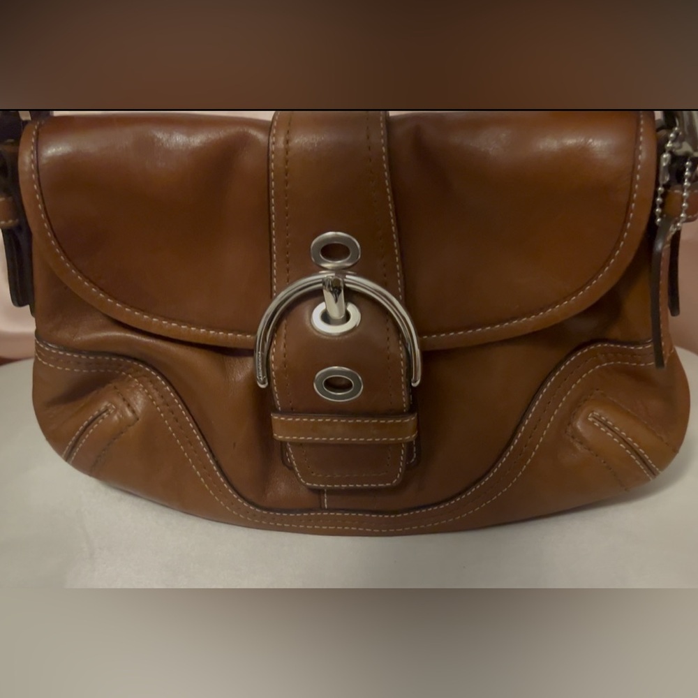 Vintage Small Soho Cognac Leather Shoulder Bag w/Contrast Stitching